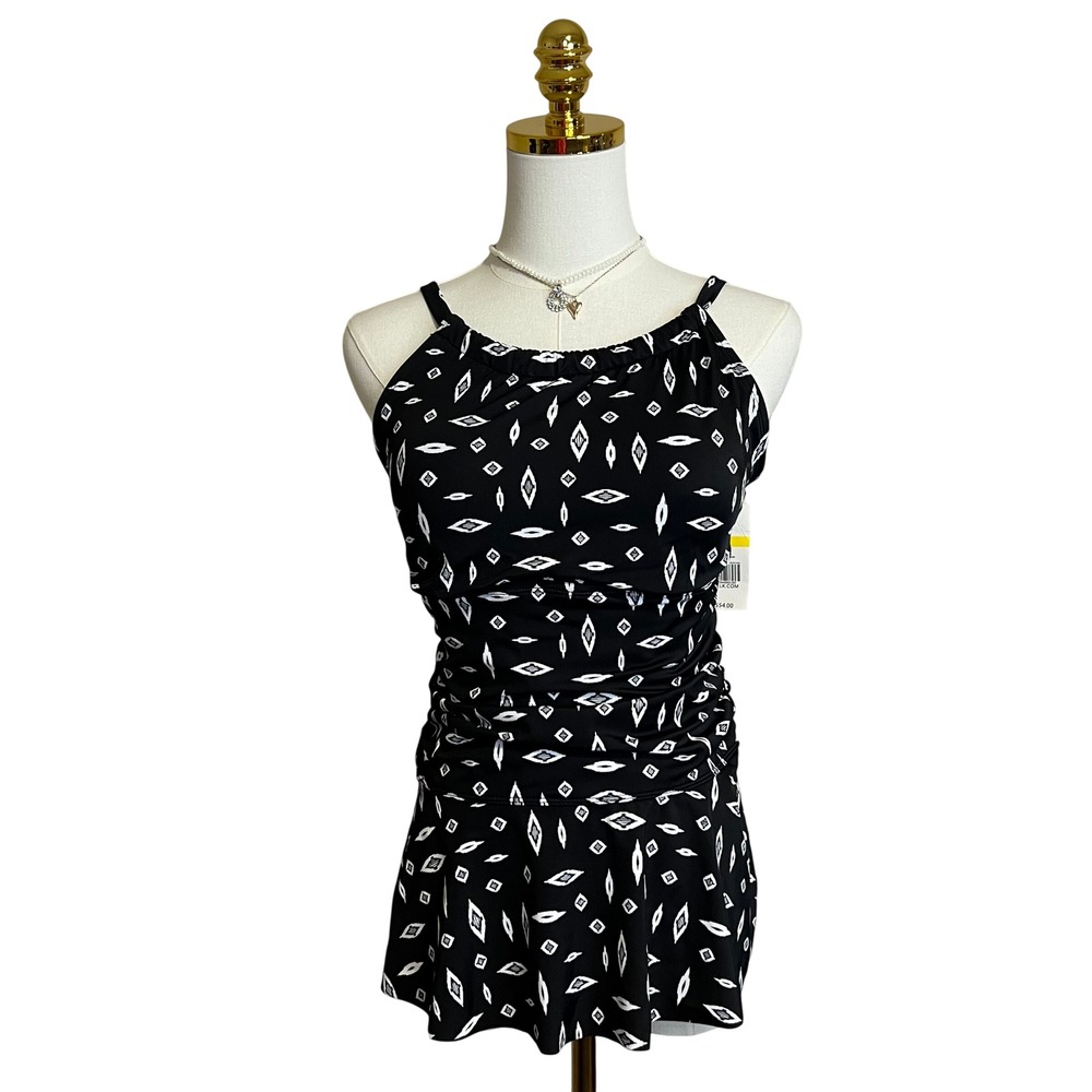 Kim Rogers Women‎ Black White Geometric Peplum Tankini Swim Top Size M B61214
